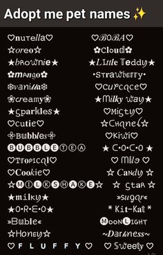 a black background with white stars and the words adopt me pet names in different languages