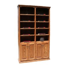 a wooden bookcase with two doors and drawers