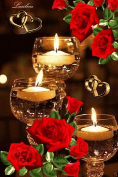 three wine glasses filled with red roses and candles