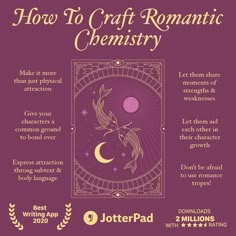 the poster for how to craft romantic chemistry with text and illustrations on it, including an image of a woman's face