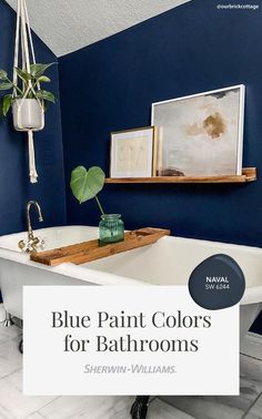 Accentuate your bathroom's organic modern décor with walls painted in a rich, navy blue like Naval SW 6244 from Sherwin-Williams. To see this blue paint color in your home, tap this pin and order a free color chip to be delivered in the mail. #sherwinwilliams #bathroom #navy #blue #boldcolors #colorinspiration #interiordesign #decor Blue Bathroom Paint Colors, Bathroom Paint Color Inspiration, Naval Sw 6244, Bathroom Navy Blue, Cape Remodel, Bathroom Paint Colors Blue, Bathroom Navy, Blue Bathroom Paint