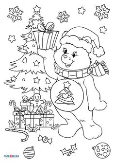 a coloring page with a teddy bear holding a present in front of a christmas tree