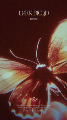 a close up of a butterfly on a black background with the words dark blood written below it