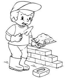 a boy is building a brick wall with his shovel and bricks on the ground next to him