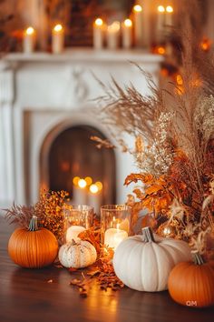 Fall living room decor featuring pumpkins, candles, dried leaves, and floral arrangements. Cozy autumn vibes with a lit fireplace in the background. Warm String Lights, Autumn Ambiance, Rustic Arrangements, Autumn Cottage, Fall Decorating Ideas, Orange Throw Pillows, S Aesthetic, Living Room Loft, Hobby Room