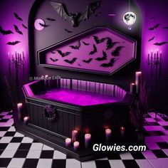 a room with purple lighting and bats on the wall, in front of a black and white checkered floor