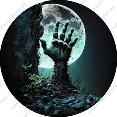 an image of a creepy hand coming out of the ground with trees and moon in background