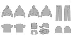 an image of clothes and hats for people to wear on the beach or in the water