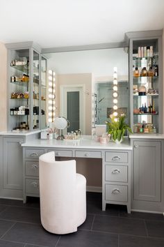 a large vanity with lights on it and a stool in front of the counter top