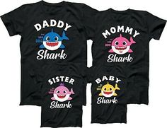 three t - shirts that say daddy shark, mommy shark and baby shark