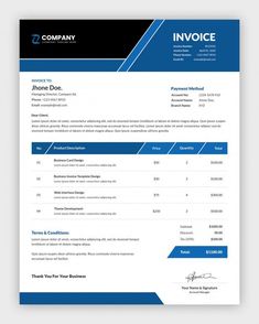 a blue and black invoice is shown on the front of a white sheet