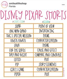 the disney pixar short list is shown in pink and green with black lettering