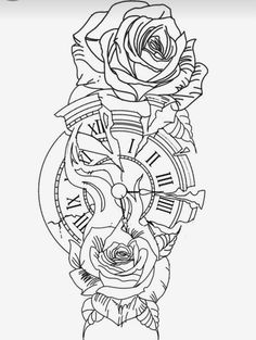 a rose and clock tattoo design on a white background