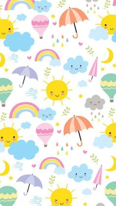 a pattern with sun, clouds and umbrellas