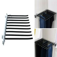 six pairs of clothes hangers on the wall next to a pair of blue jeans