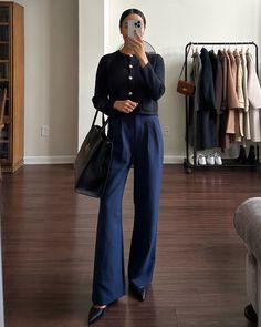 life with jazz, workwear, styling navy, navy trousers, black sweater jacket, black heels, pointed heels, leather tote, smart casual Blue Tailored Pants Outfit, Navy Heels Outfit, Navy Trousers Outfit Women, Navy Blue Trousers Outfit, Navy Trousers Outfit, 2023 Workwear, Trouser Pants Outfits