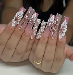 White Clear Nails, Pink 3d Flower Nails, Crystal Placement, 3d Flower Nails, Pink 3d, Long Acrylic Nail Designs, Blue Acrylic Nails, White Acrylic Nails