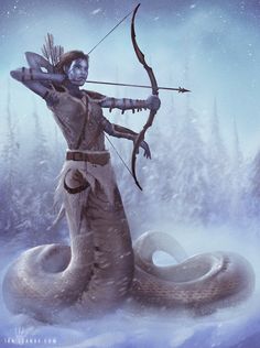 an image of a person with a bow and arrow in the snow holding a snake