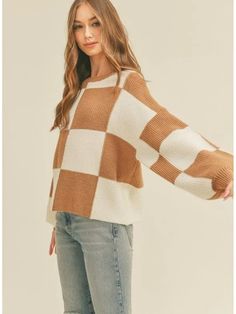 Oversized Tan Checker Pullover Sweater – Kate & Kris Cheer Sweater, Checkered Sweater, Pink Cowgirl, Cowgirl Hats, Pattern Sweater, Fashion Fits, Knit Pattern, Sweater Sleeves, Fall Wardrobe