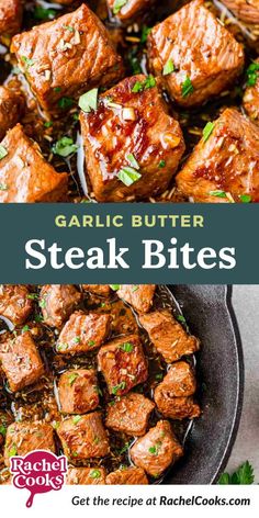 garlic butter steak bites in a skillet with text overlay