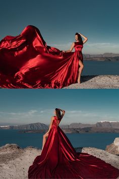 flying dress, red flying dress photoshoot, santorini dress, special occasion Flow Dress Photography, Red Satin Long Dress, Long Dress For Photoshoot, Red Flowing Dress, Flowy Gown Photoshoot, Flowing Dress Photography, Dresses Photoshoot Ideas, Big Dress Photoshoot, Long Dress Photoshoot