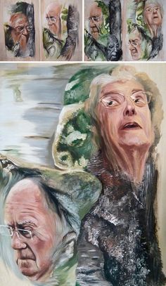 three paintings of older people with different facial expressions