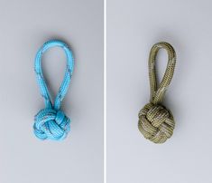 two different types of rope tied together on white and gray background, one with knot at the end