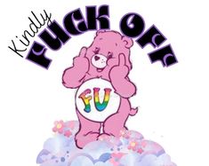 a pink teddy bear sitting on top of a pile of blue and white clouds with the words kubbyy klucky on it