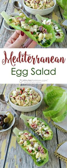 an egg salad with lettuce leaves and other ingredients in bowls on a wooden table