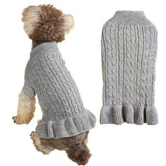 a small dog wearing a sweater and mittens on it's back paws up