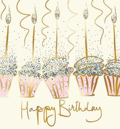 a happy birthday card with cupcakes and candles