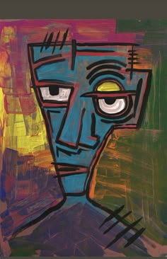 an abstract painting of a man's face with blue and red paint on it