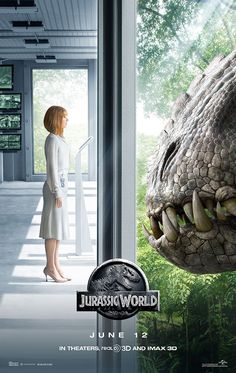 a woman standing next to a dinosaur in front of a window with the words jurasio world on it