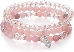 Crystal Beaded Bracelets for Women Boho Multi Layer Stretch Bracelets Natural Stone Bead Bracelet with Leaf Charm Jewelry for Women Crystal Beaded Bracelets, Bracelet Aesthetic, Crystal Beads Bracelet, Stackable Bracelets, Leaf Charms, Pink Beads, Bracelets For Women, Pink Bracelet, Nature Bracelets