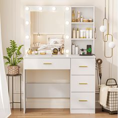 a white vanity with lights on it in a room