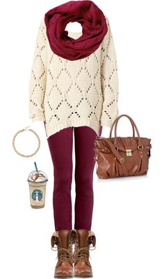 Love the combat boots style and color, red tights,  cream sweater, red scarf combo, plus a bit of gold for jewelry Mode Tips, Leggings Outfit, Legging Outfits, Bohol, Jeans Casual, Sweaters And Leggings, Mode Inspiration, Fall Winter Outfits, Outfits With Leggings