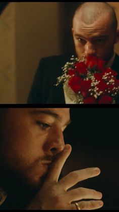 two different shots of a man with flowers in his mouth