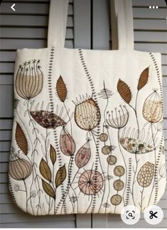 an embroidered bag hanging on a wall