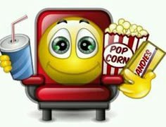 a smiley face sitting in a chair with popcorn and soda