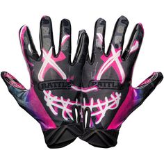 a pair of pink and black gloves with white designs on the palm, both hands are held up