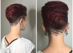 Pixie Colored Hair Ideas, Pompadour Women, Female Fade Haircut, Pixie Mohawk, Lesbian Haircut, Undercut Hair Designs, Androgynous Haircut, Short Red Hair