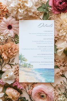 a wedding program surrounded by flowers and greenery on a white background with pink, yellow, and red flowers