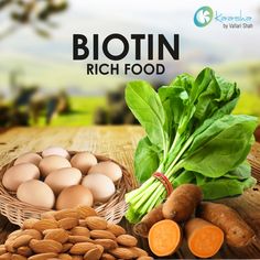 some vegetables and eggs are on a wooden table with the words biotin rich food