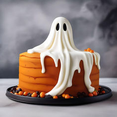 a halloween cake decorated with white icing and spooky ghost decorations on a black plate