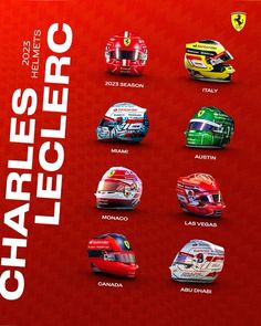 the official poster for the ferrari team shows all their drivers'helmets and liverys