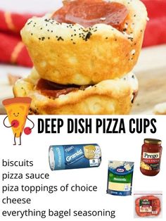 an advertisement for deep dish pizza cups