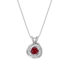 "Crafted with a lab-created ruby center stone and lab-created white sapphire accents, this birthstone love knot pendant is the perfect way to personalize your look. Crafted with a lab-created ruby center stone and lab-created white sapphire accents, this birthstone love knot pendant is the perfect way to personalize your look. Pendant size: 5/8""L x 7/16""W Chain length: 18 in. Chain type: box Metal: sterling silver Plating: rhodium, 18k gold Finish: polished Packaging: boxedSTONE DETAILS Stone Ruby Birthstone, Love Knot, White Sapphire, Gold Finish, Chain Length, Jewelry Necklace Pendant, Diamond Necklace, Ruby, 18k Gold