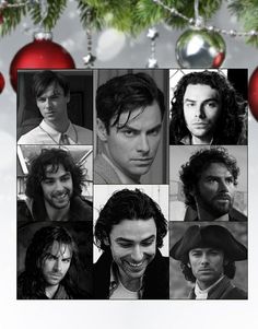 a collage of the faces of actors in black and white with ornaments hanging from them