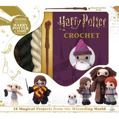 the harry potter crochet book is shown in front of an image of three wizard dolls