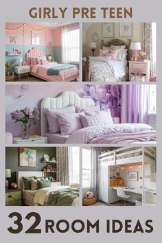 girls bedroom decor with pink and lavender colors, including bedding, curtains, nightstands,